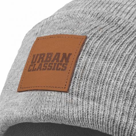 Urban Classics Leatherpatch Long Beanie grau 